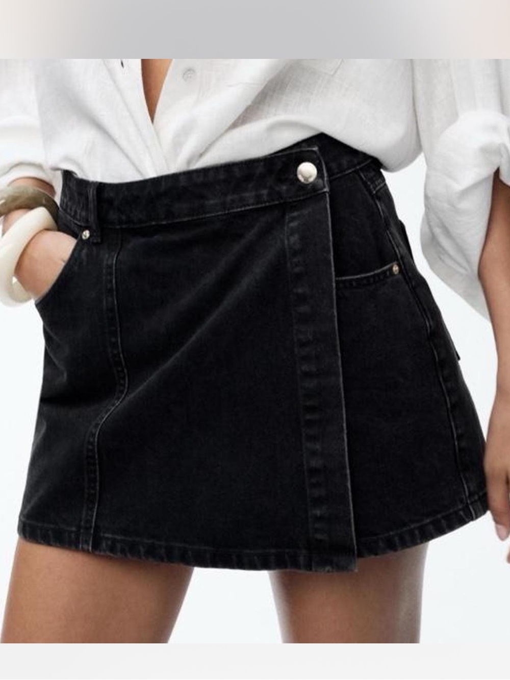 Zara Black Denim Asymmetrical Crossover Skort